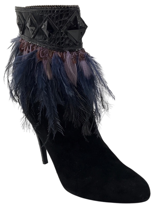 Dior Shoes - CHRISTIAN DIOR BLACK / PURPLE / BLUE FEATHER EMBELLISHED SUEDE ANKLE BOOTIES WIT